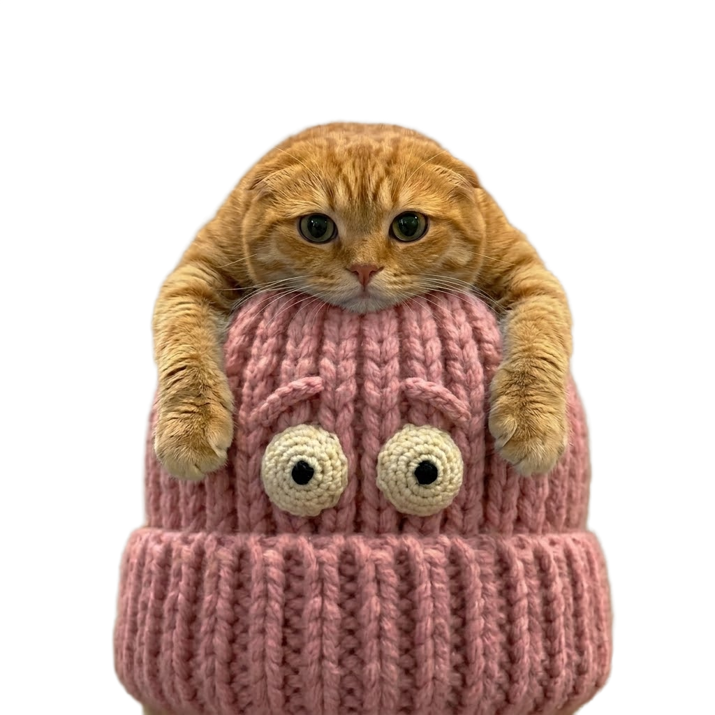 the finished hat wif cat, eyes and all