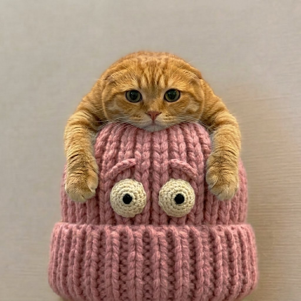 a ginger cat sitting inside a pink knitted beanie with eyes